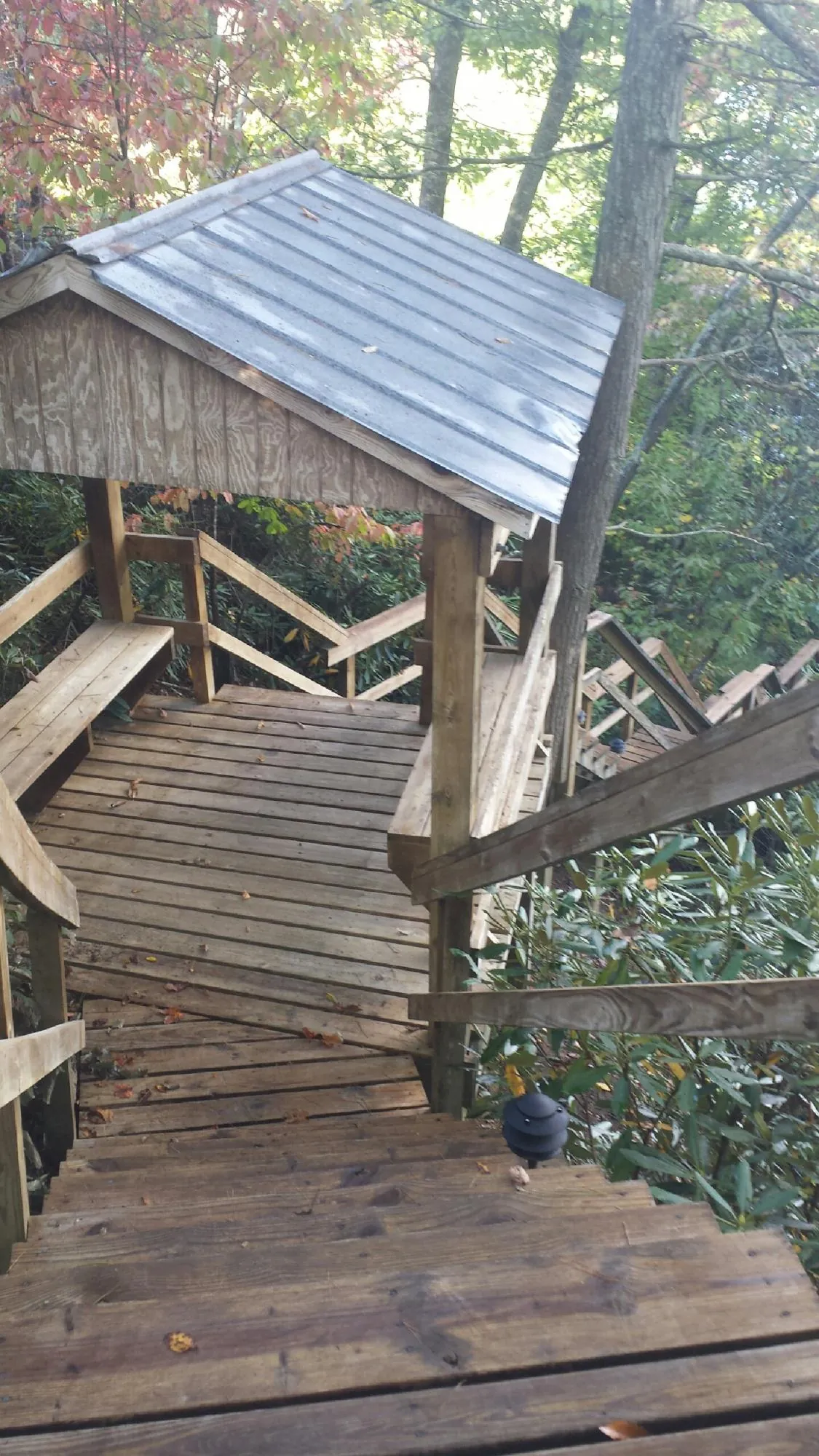 Metal roofed shelter over wooden steps on a wooded walkway — Skylight Repair & Installation work by our crew in Radcliff